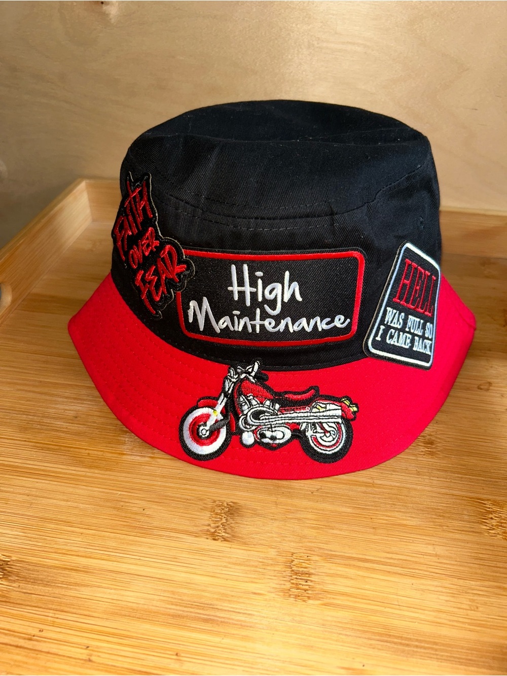 High Maintenance Red & Black Bucket Hat with Motorcycle Patch